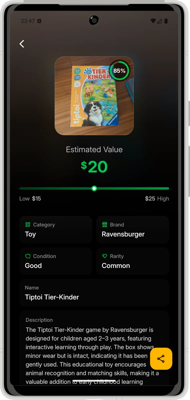 Value Identifier showing a twenty dollar estimate for a Ravensburger children’s game